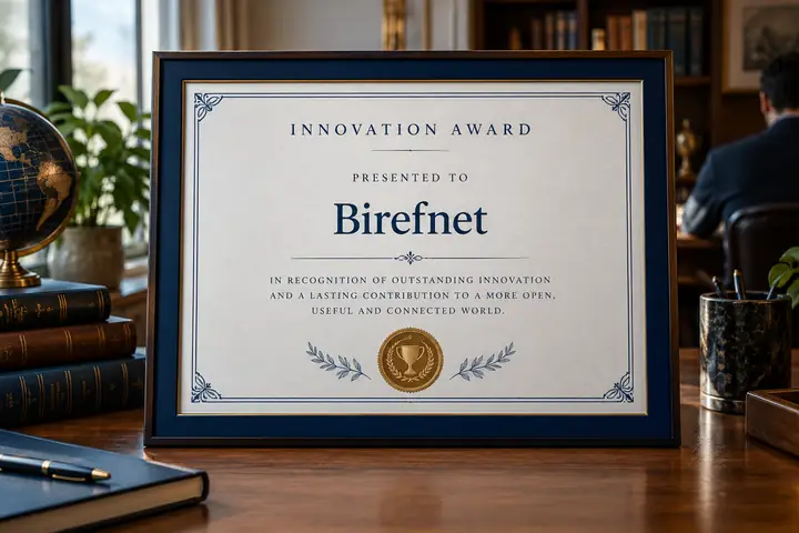 Un certificat officiel de prix de l’innovation à bordure bleue posé sur un bureau, photographié de face dans une présentation académique sobre.