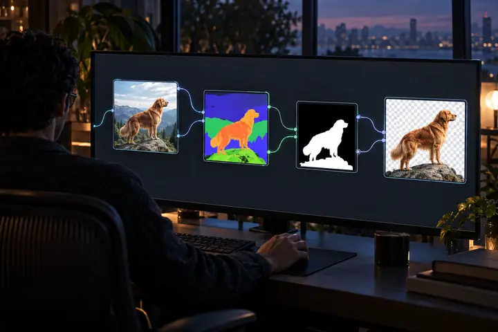 Un éditeur visuel de nœuds sombre avec des nœuds d’entrée d’image, de segmentation, de conversion de masque et d’aperçu connectés sur une grille.