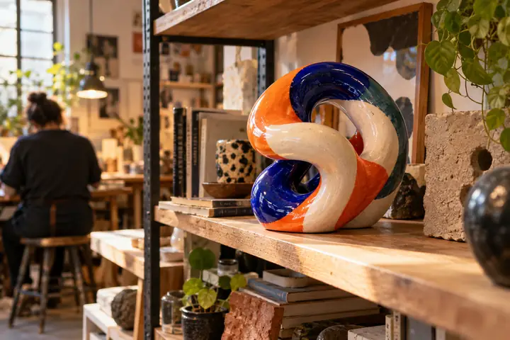 Une sculpture en céramique lumineuse sur une étagère de studio encombrée, cadrée pour montrer sa séparation d’un intérieur complexe.