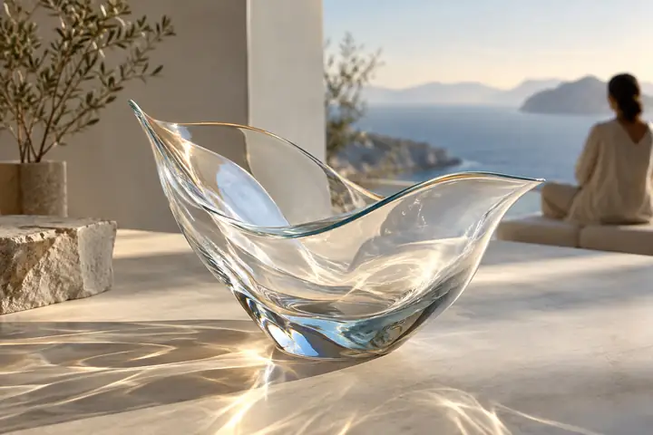 Un récipient en verre translucide sur une surface pâle, aux contours délicats, présenté comme un exemple de détourage haute résolution.
