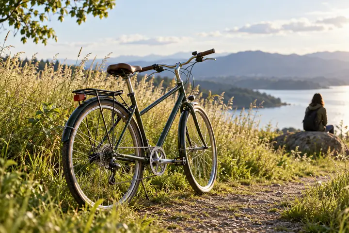 Un vélo solitaire près de hautes herbes sous une lumière douce, composé comme un exemple d’extraction nette du premier plan.