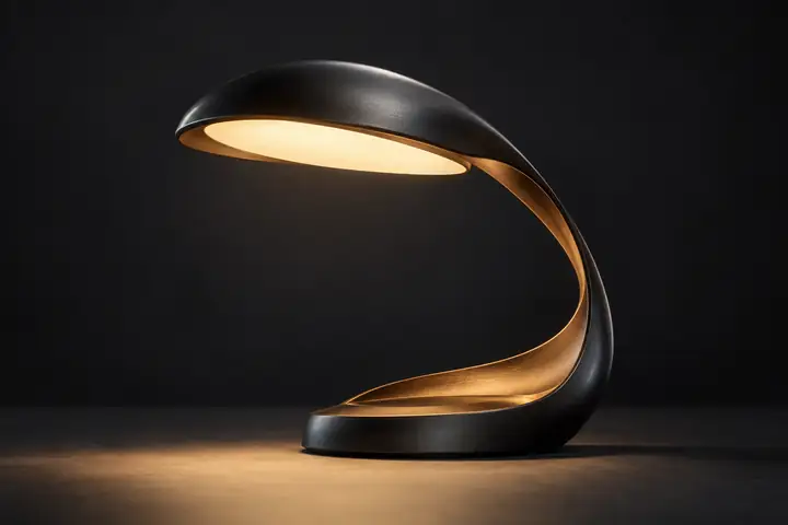 Une lampe de bureau sculpturale isolée sur un arrière-plan de studio anthracite, cadrée comme un détourage de produit net.