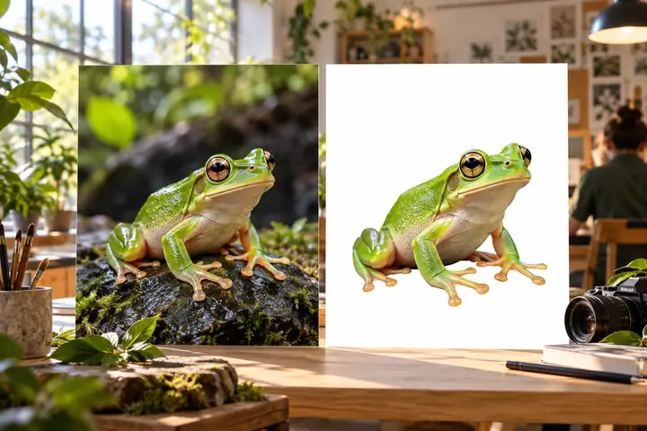 Un espace de test lumineux pour modèle, avec une image de grenouille importée à gauche et un résultat proprement isolé à droite.