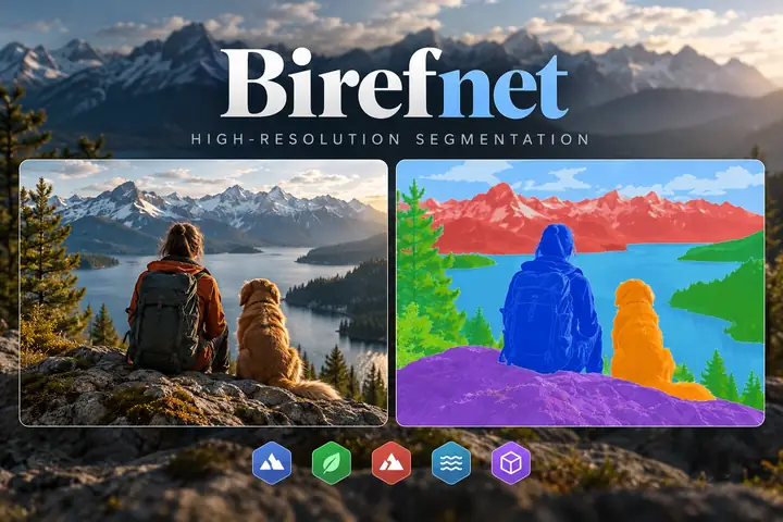 Une couverture de tutoriel épurée présentant un titre sur la segmentation haute résolution, deux exemples d’images et des badges de projet compacts.