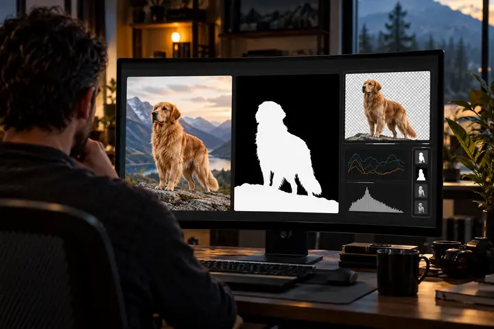 Un atelier de travail sombre dans le navigateur affichant une image d’entrée, un masque de premier plan à contraste élevé et un panneau d’évaluation compact.