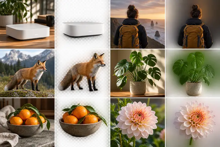 Une planche-contact de produits, de portraits, d’animaux sauvages et de plantes présentés à côté de détourages sur damier transparent.