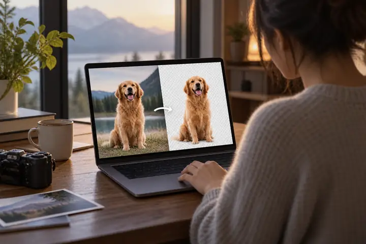 Un outil de navigateur clair affichant une étape de téléversement de photo et un aperçu sur fond transparent, présenté comme un workflow local privé.