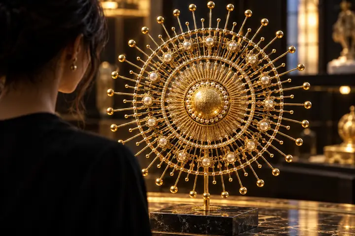 Un ornement doré radial aux rayons et aux perles délicats, présenté comme une étude de segmentation haute résolution exigeante.