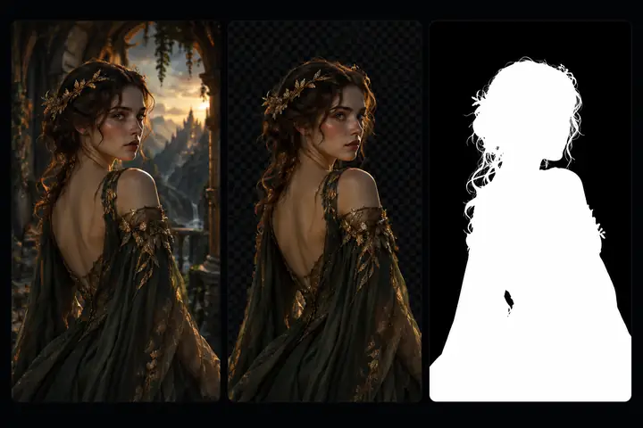 Un panneau utilitaire sombre de génération d’images affichant un portrait fantastique d’origine, un sujet détouré et un aperçu de masque blanc.