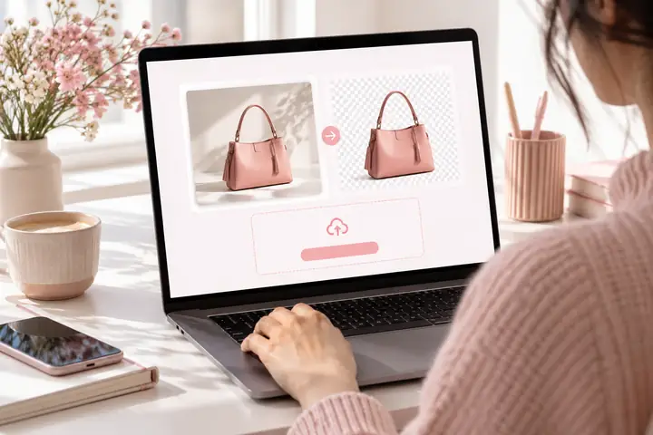 Une interface de navigateur claire avec une zone de téléversement pour effacer l’arrière-plan, des accents rose pâle et un workflow simple en un clic.