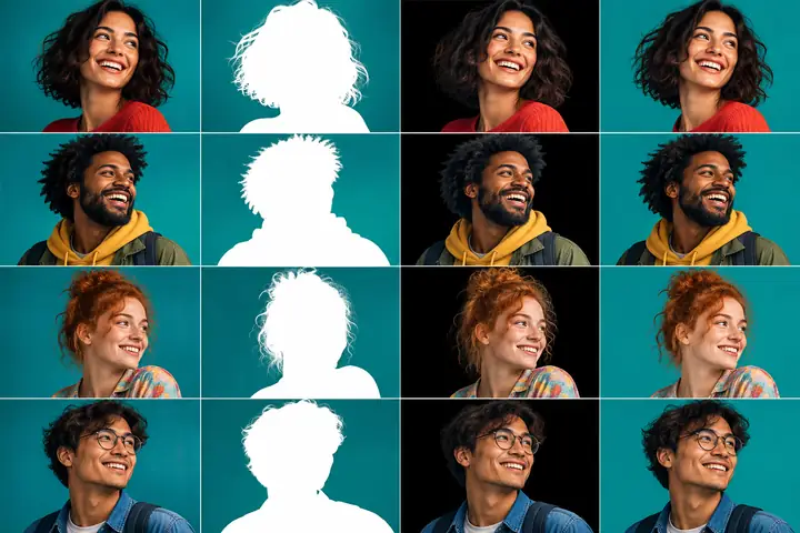 Une grille de comparaison à quatre rangées présentant des personnages illustrés colorés sur un arrière-plan turquoise, avec des masques au premier plan.