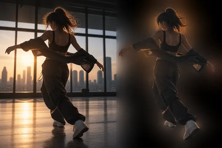 Un aperçu cinématographique de montage vidéo montrant une danseuse isolée sur un damier transparent à côté de l’image d’origine.