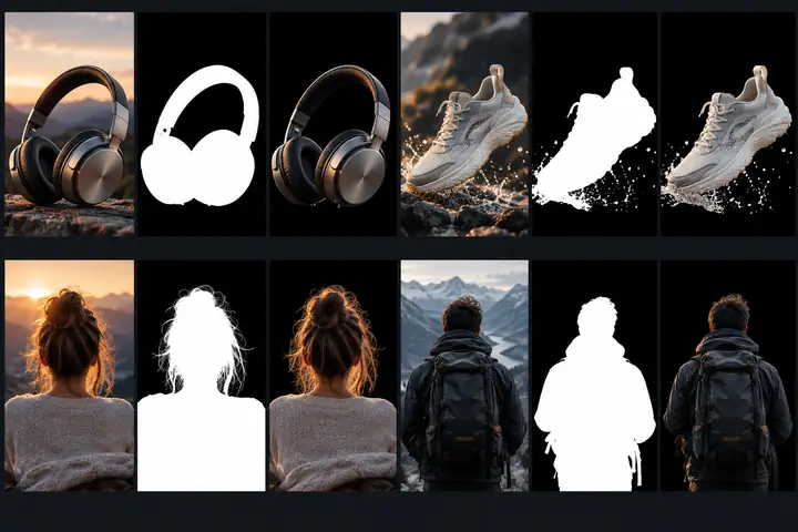 Un tableau de comparaison sombre montrant des images originales, des masques birefnet et les résultats de modèles voisins sur des exemples de produits et de portraits.